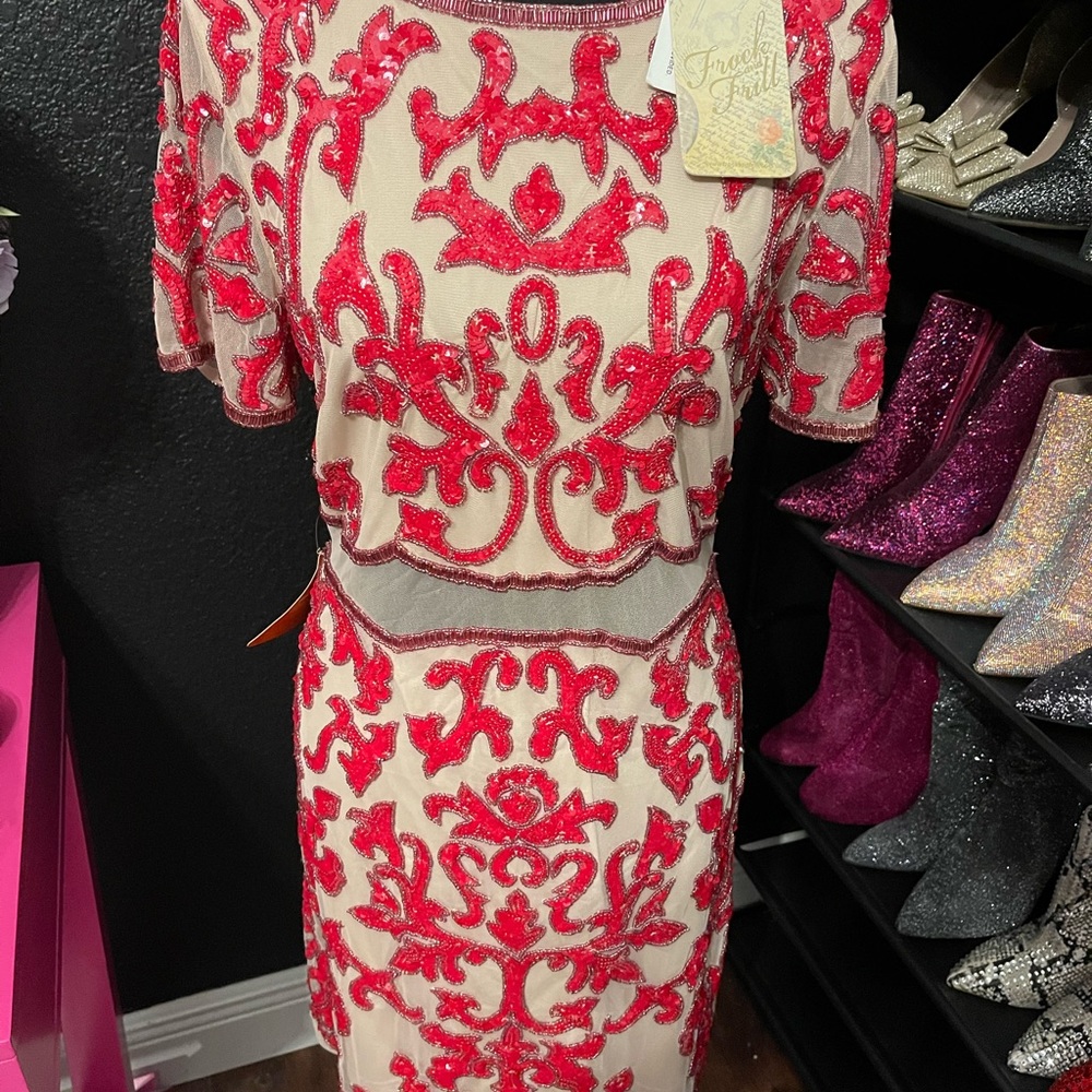 Frock and Frill red beaded dress with mesh insert
